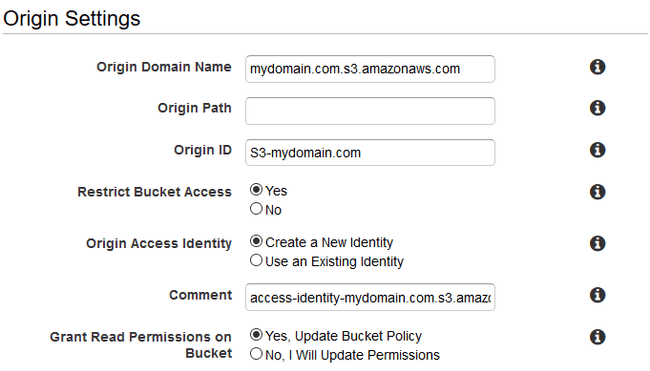 CloudFront Origin Settings Page